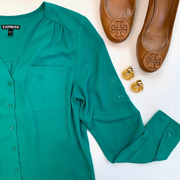 Express Tops - Express Kelly Green Split Neck Utility Blouse S